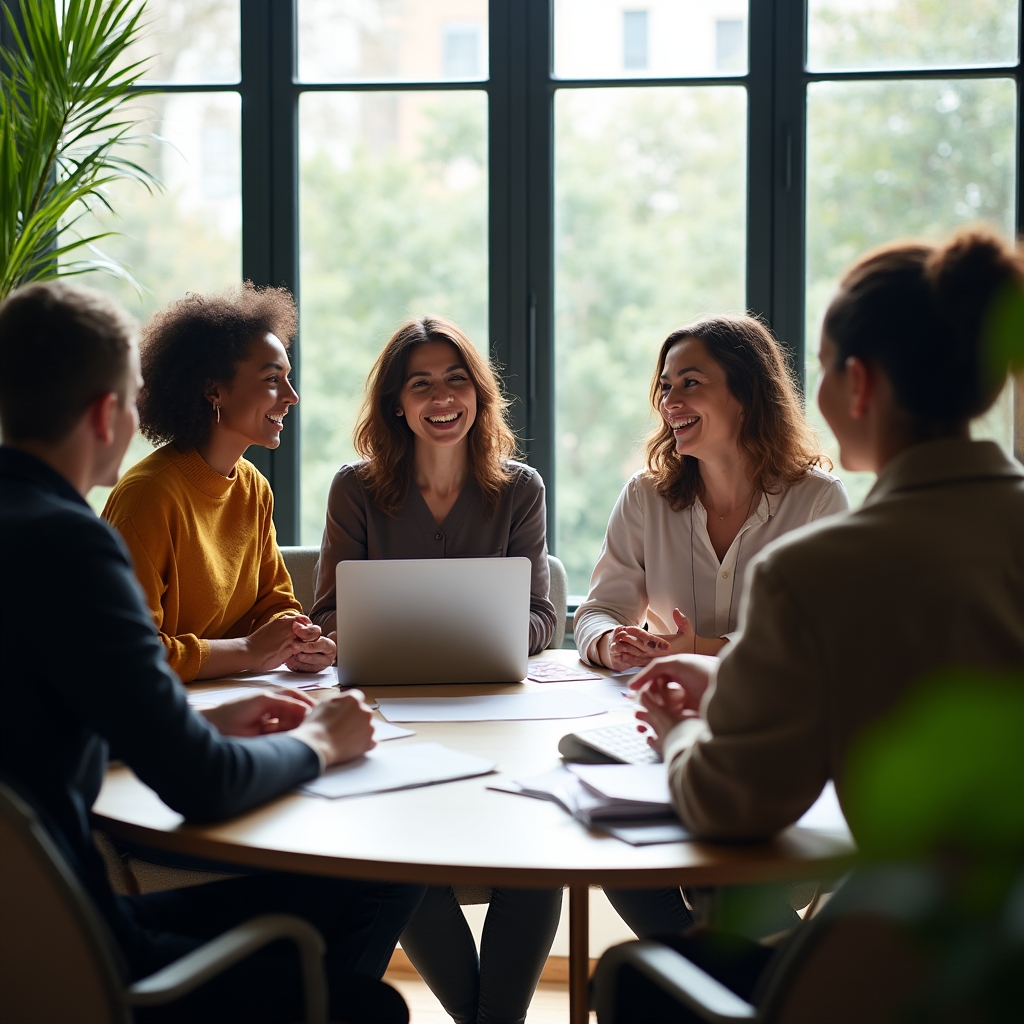 Grup de profesioniști din domenii diferite discutând la o masă rotundă într-un spațiu de coworking